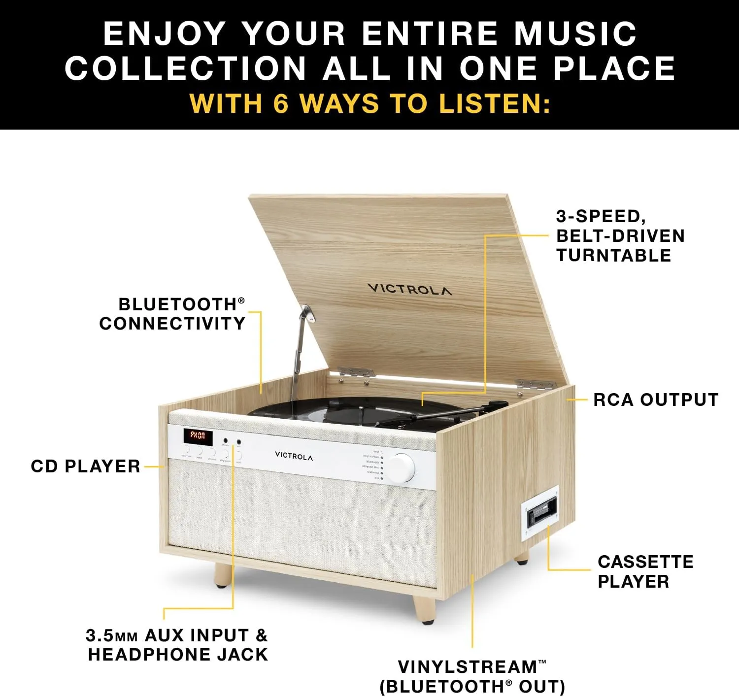 Victrola Century 6-in-1 Vinyl Record Player & Music Center – 3-Speed Turntable, CD & Cassette Player, VINYLSTREAM, Bluetooth & 3.5mm Aux, Record Player with Speakers, Mid Century Design, Walnut