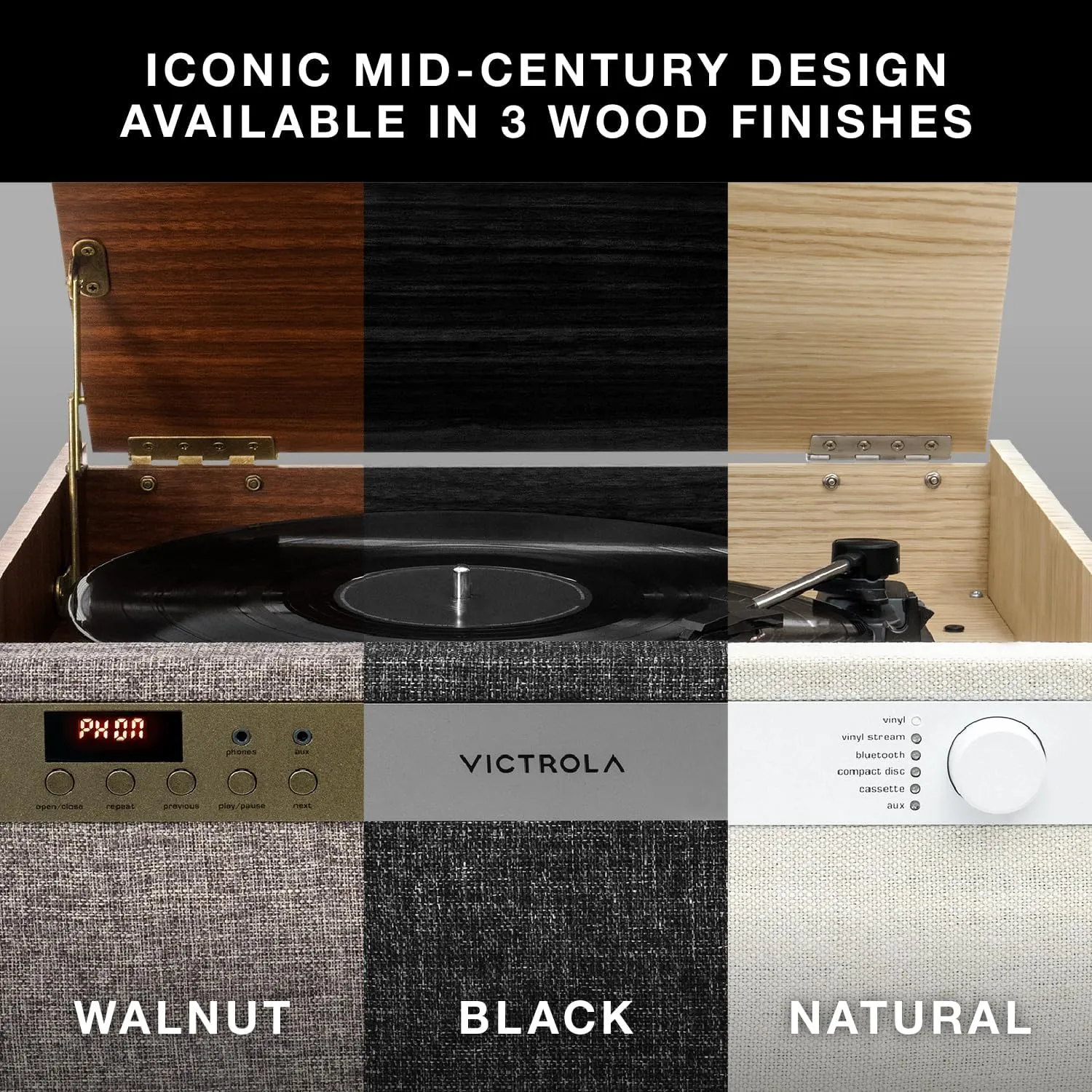 Victrola Century 6-in-1 Vinyl Record Player & Music Center – 3-Speed Turntable, CD & Cassette Player, VINYLSTREAM, Bluetooth & 3.5mm Aux, Record Player with Speakers, Mid Century Design, Walnut