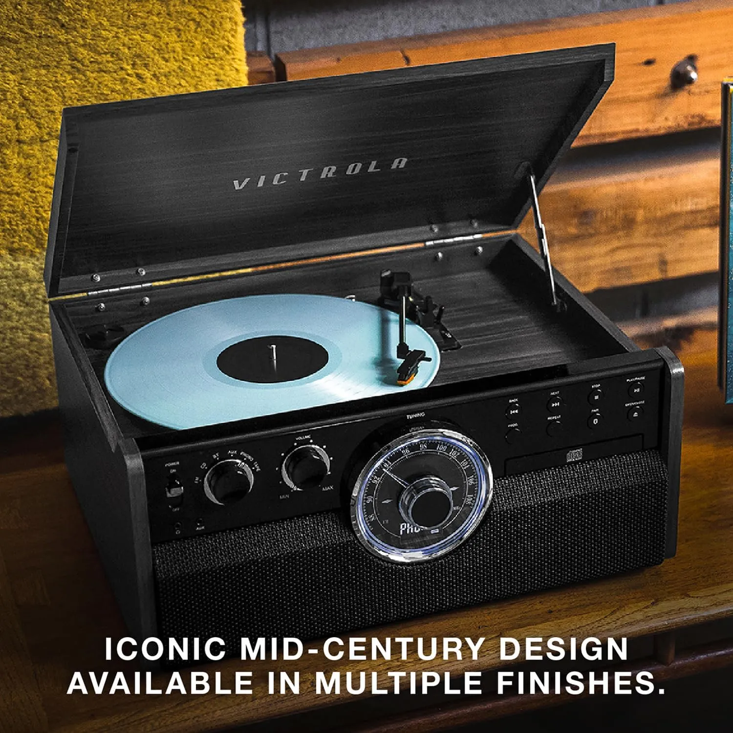 Victrola Empire Mid-Century 6-in-1 Turntable & Multimedia Center with Built-in Speakers – 3 Speed, Bluetooth Connectivity, Radio, Cassette & CD Player, RCA Out, Headphone Jack, Espresso