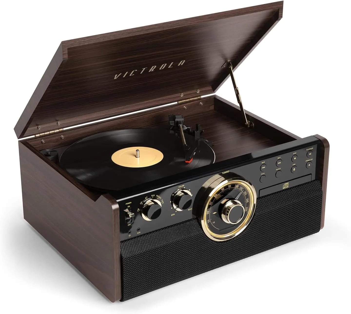 Victrola Empire Mid-Century 6-in-1 Turntable & Multimedia Center with Built-in Speakers – 3 Speed, Bluetooth Connectivity, Radio, Cassette & CD Player, RCA Out, Headphone Jack, Espresso