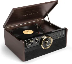 Victrola Empire Mid-Century 6-in-1 Turntable & Multimedia Center with Built-in Speakers – 3 Speed, Bluetooth Connectivity, Radio, Cassette & CD Player, RCA Out, Headphone Jack, Espresso