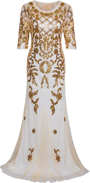Vijiv Vintage 1920s Long Wedding Prom Dresses 2/3 Sleeve Sequin Party Evening Gown