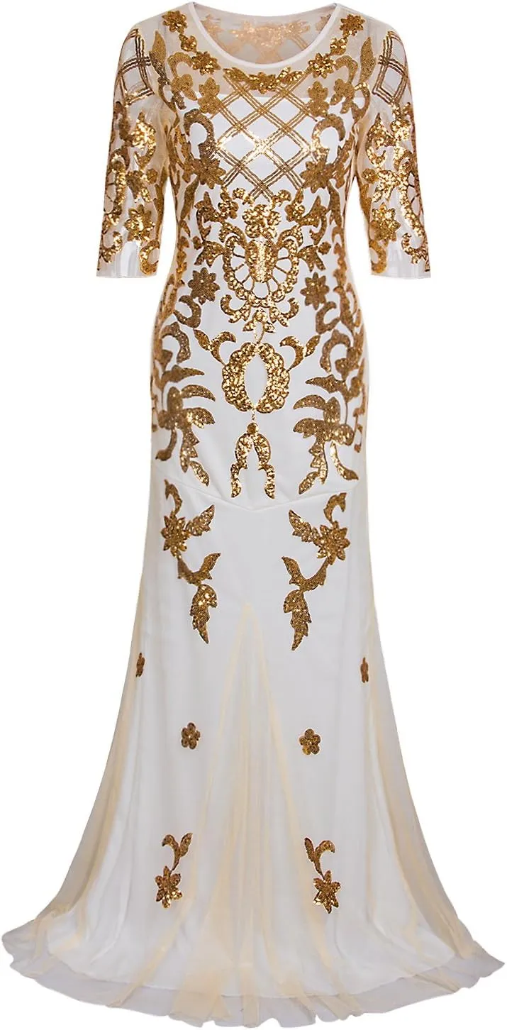 Vijiv Vintage 1920s Long Wedding Prom Dresses 2/3 Sleeve Sequin Party Evening Gown
