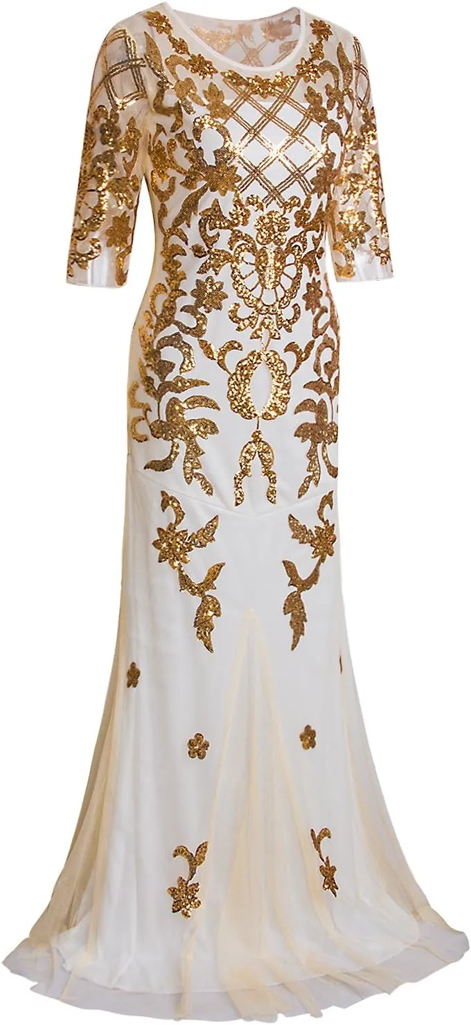 Vijiv Vintage 1920s Long Wedding Prom Dresses 2/3 Sleeve Sequin Party Evening Gown