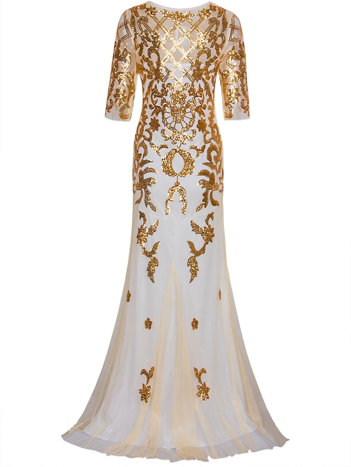 Vijiv Vintage 1920s Long Wedding Prom Dresses 2/3 Sleeve Sequin Party Evening Gown