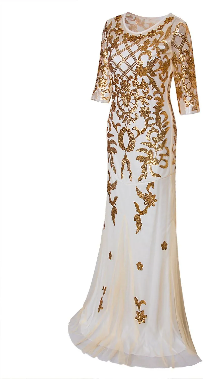Vijiv Vintage 1920s Long Wedding Prom Dresses 2/3 Sleeve Sequin Party Evening Gown