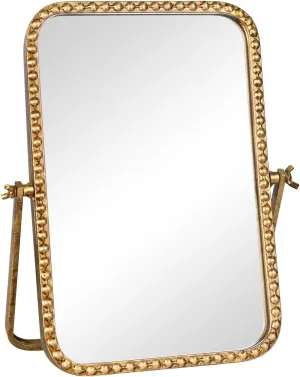 Vintage Desk Makeup Mirror, 12" L x 7.9" W Antique Gold Vanity Table Mirror, Metal Framed Rectangular Small Standing Mirror with Beaded, 360 Adjustable Rotation for Tabletop, Bedroom