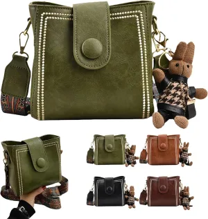 Vintage Fashion Bag With Adjustable Wider Shoulder Strap, Vintage Retro Small Water Bucket Bag, with Cute Doll Pendants