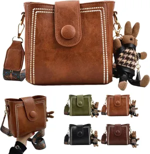 Vintage Fashion Bag With Adjustable Wider Shoulder Strap, Vintage Retro Small Water Bucket Bag, with Cute Doll Pendants
