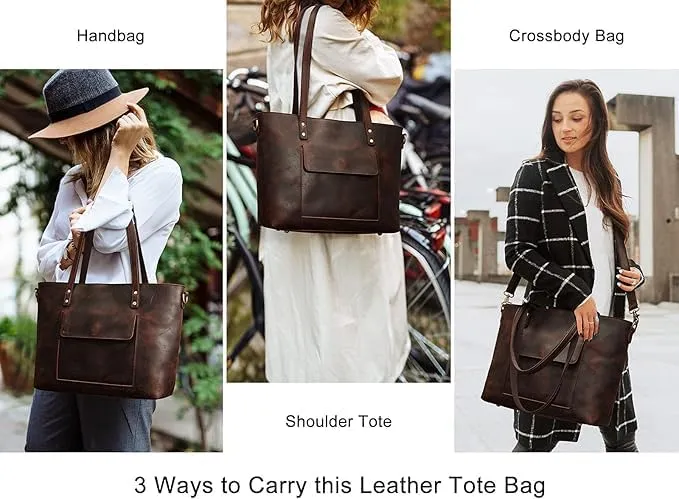 Vintage Leather Tote Bag, Women's Shoulder Handbag, Crossbody Purse, Brown