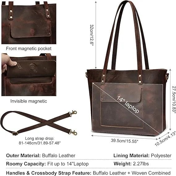 Vintage Leather Tote Bag, Women's Shoulder Handbag, Crossbody Purse, Brown