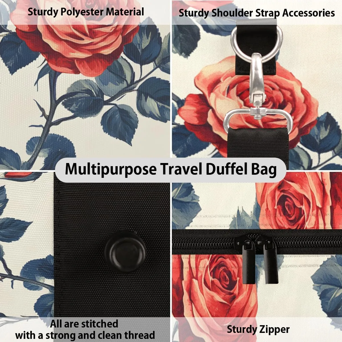 Vintage Rose Travel Duffle Bag for Women Men Gym Duffel Foldable Bag Waterproof Weekender Pretty Wildflowers Duffle Tote