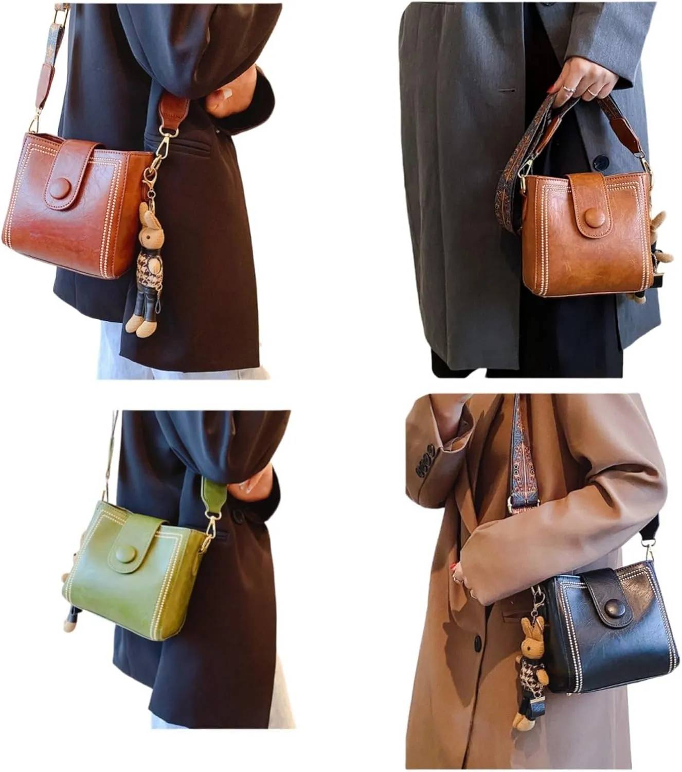 Vintage Water Bucket Crossbody Adjustable Shoulder Strap Bags,Vintage Fashion Wide Shoulder Strap Crossbody Bags for Women