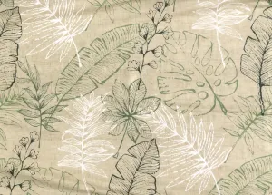 Vinyl Flannel Back Tablecloth - Tropical Leaf Pattern on Beige (52"" x 70"" Oblong), Green, White, Beige, Black