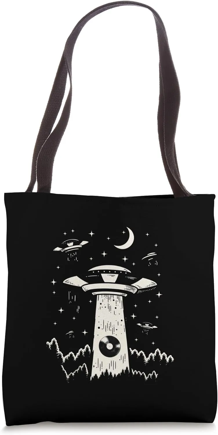 Vinyl Record Novelty UFO Alien Abduction Flying Saucer Art Tote Bag