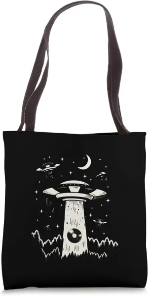 Vinyl Record Novelty UFO Alien Abduction Flying Saucer Art Tote Bag