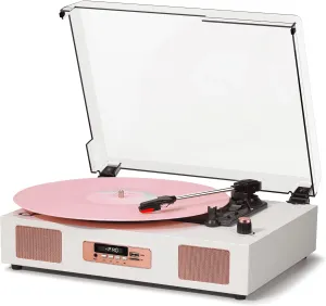 Vinyl Record Player Vintage Wireless Bluetooth Record Player with Stereo Speakers, USB/TF Card Recording, LP Player with 3 Speed Belt Drive Turntable Support RCA Line-Out AUX Input EQ,White& Rose Gold