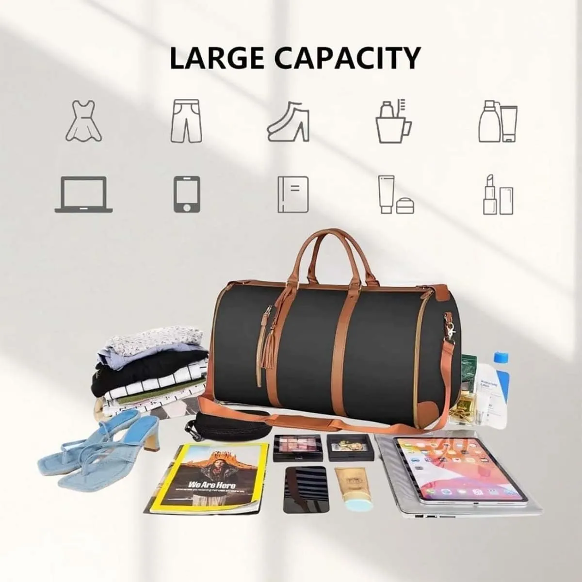 Viralhuntz Travel Bag, Luxe Travel Bags for Women, 2-in-1 Carry-On Garment Luggage with Shoe Compartment, PU Leather Weekender (A)