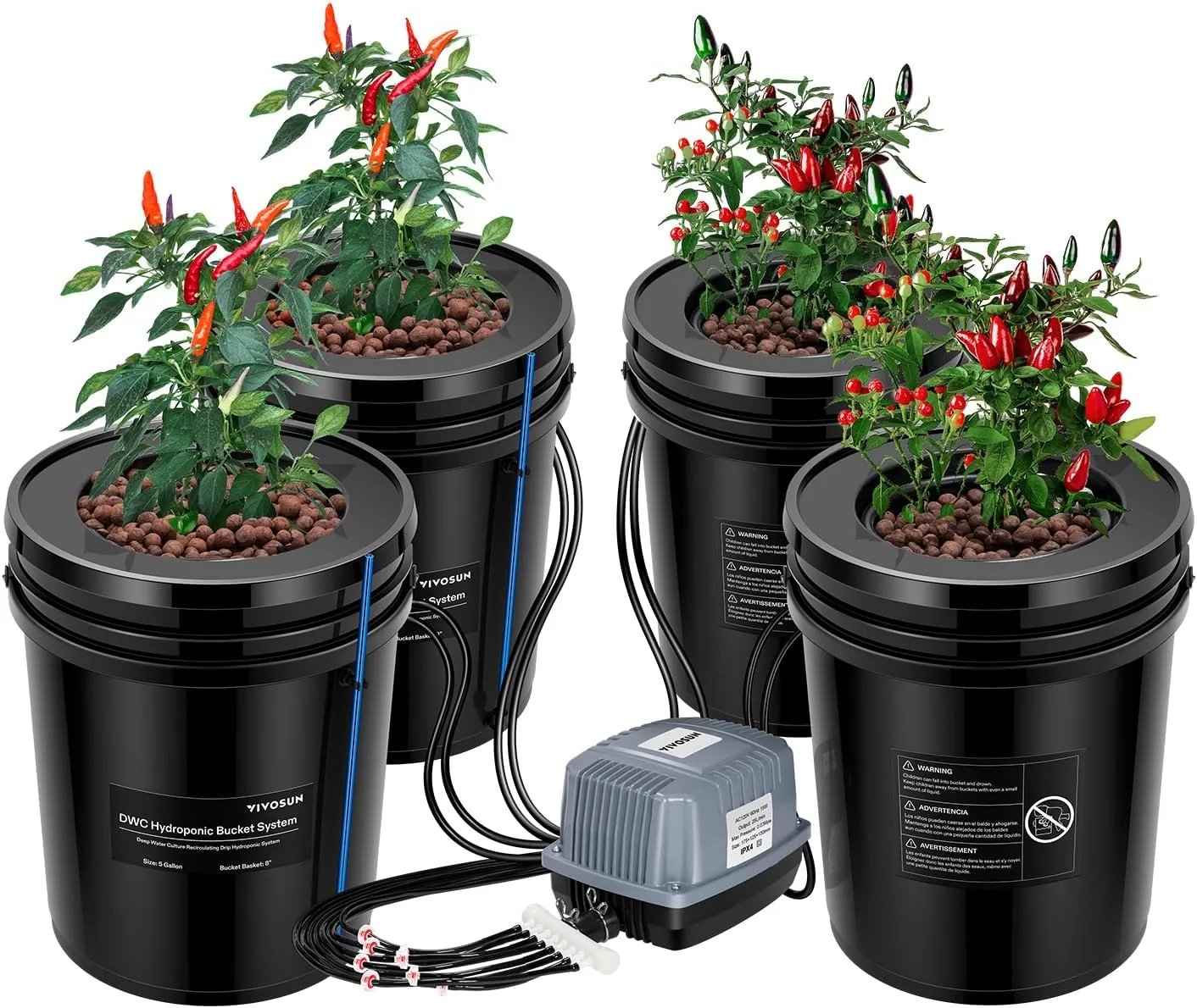 VIVOSUN DWC Hydroponics Grow System with Top Drip Kit, 5-Gallon Deep Water Culture, Recirculating Drip Garden System with Multi-Purpose Air Hose, Air Pump, and Air Stone (4 Buckets   Top Drip Kit)