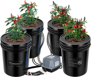 VIVOSUN DWC Hydroponics Grow System with Top Drip Kit, 5-Gallon Deep Water Culture, Recirculating Drip Garden System with Multi-Purpose Air Hose, Air Pump, and Air Stone (4 Buckets   Top Drip Kit)