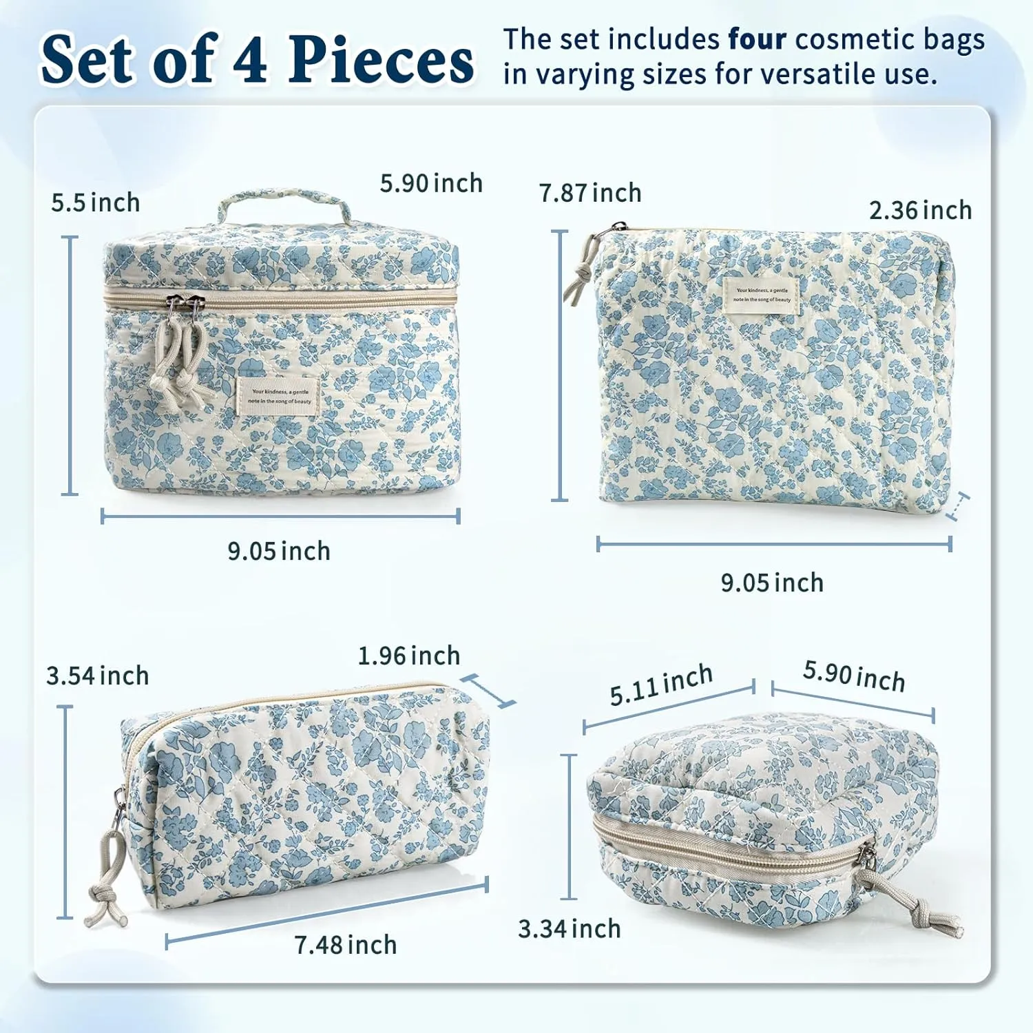 VIWIME Makeup Cosmetic Bag, Large Cotton Quilted Travel Coquette Aesthetic Cute Floral Make up Bag for Women Toiletry Bag Organizer (205- Sky Blue/ 4Pcs)
