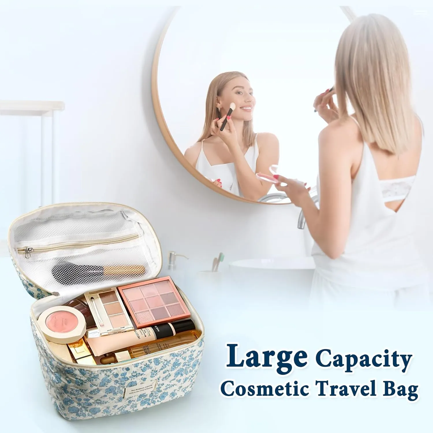 VIWIME Makeup Cosmetic Bag, Large Cotton Quilted Travel Coquette Aesthetic Cute Floral Make up Bag for Women Toiletry Bag Organizer (205- Sky Blue/ 4Pcs)