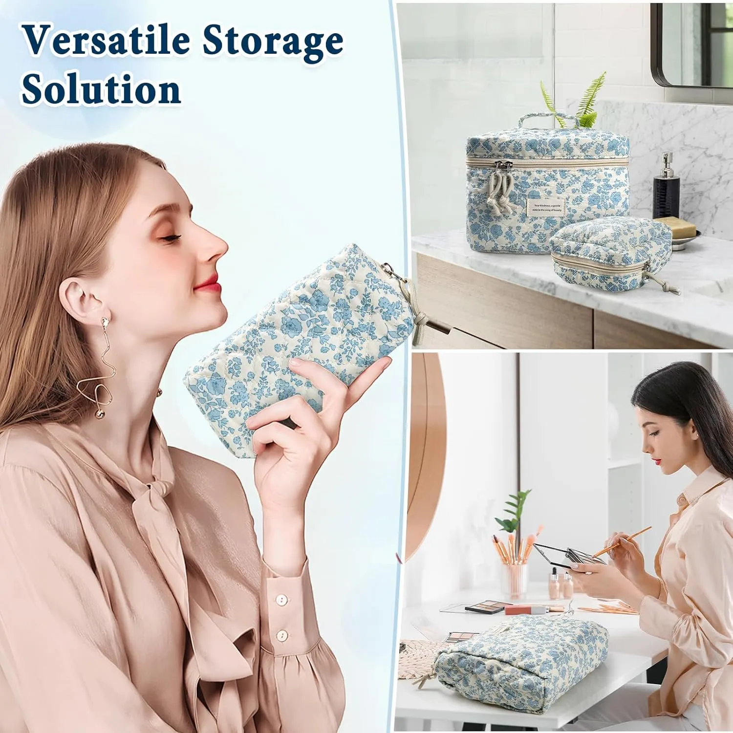 VIWIME Makeup Cosmetic Bag, Large Cotton Quilted Travel Coquette Aesthetic Cute Floral Make up Bag for Women Toiletry Bag Organizer (205- Sky Blue/ 4Pcs)