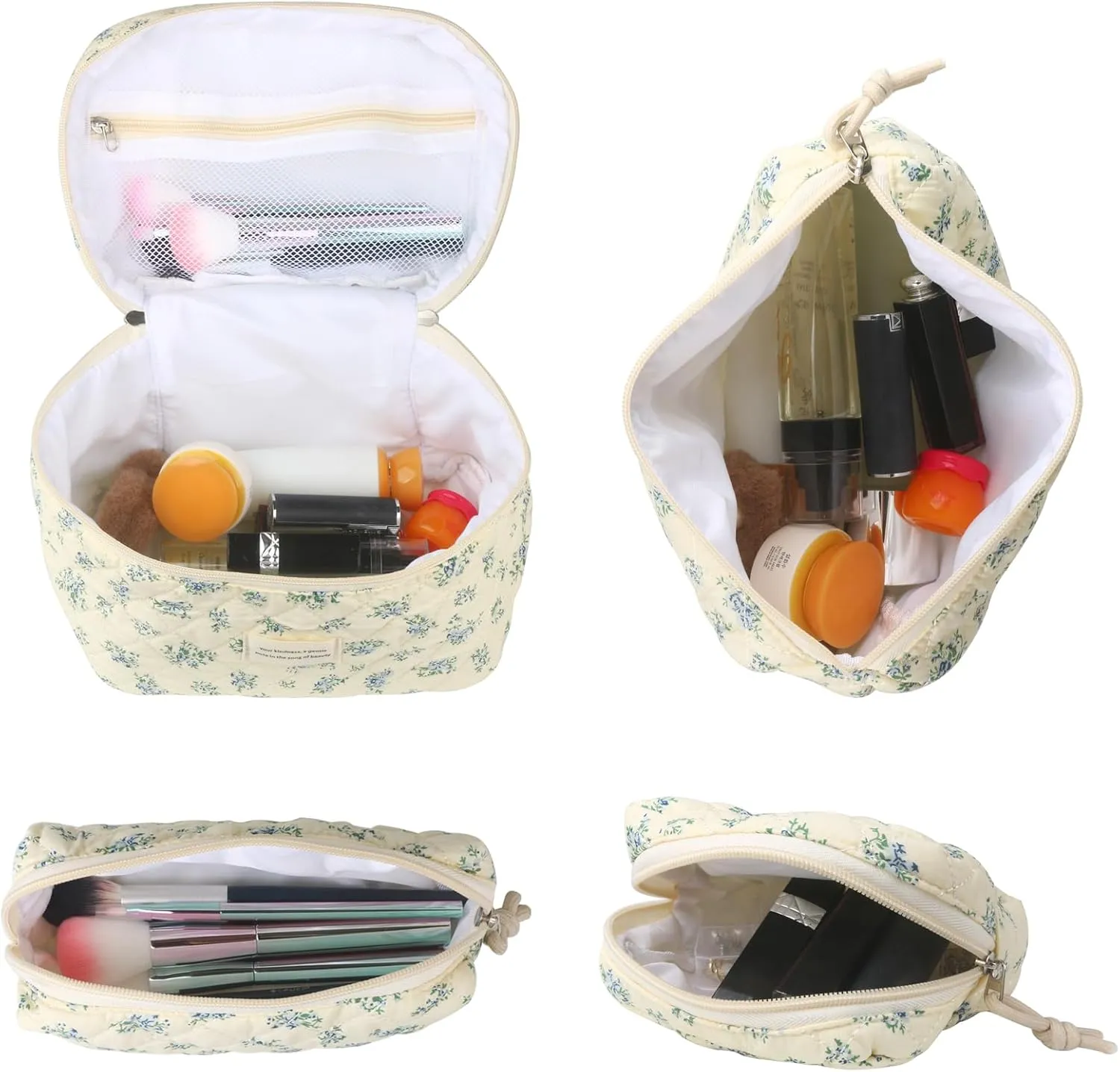 VIWIME Makeup Cosmetic Bag, Large Cotton Quilted Travel Coquette Aesthetic Cute Floral Make up Bag for Women Toiletry Bag Organizer(Blue Rose/4Pcs)