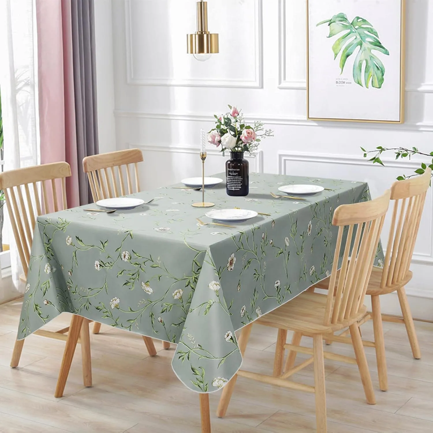 Vonabem Vinyl Tablecloth with Flannel Backing, Plastic Water Oil Proof Rectangle Table Cloth Cover, PVC Table Cloths for Camping Picnic Dining Indoor Outdoor(Green,60X120IN)