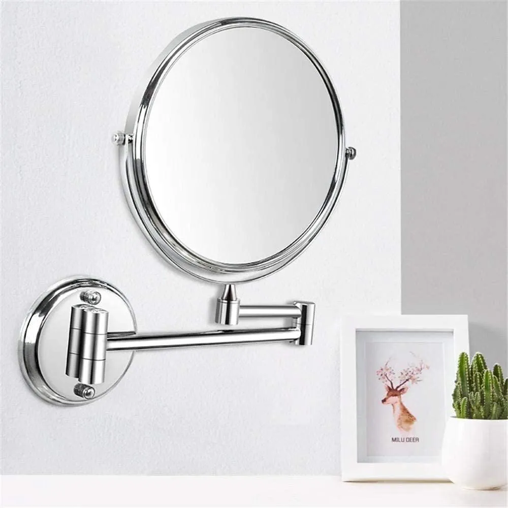 Wall-Mounted Cosmetic Mirror Hotel Bathroom Folding Telescopic Shaving Mirror 3 Times Magnification Double-Sided Mirror(8 inch Bright Silver)