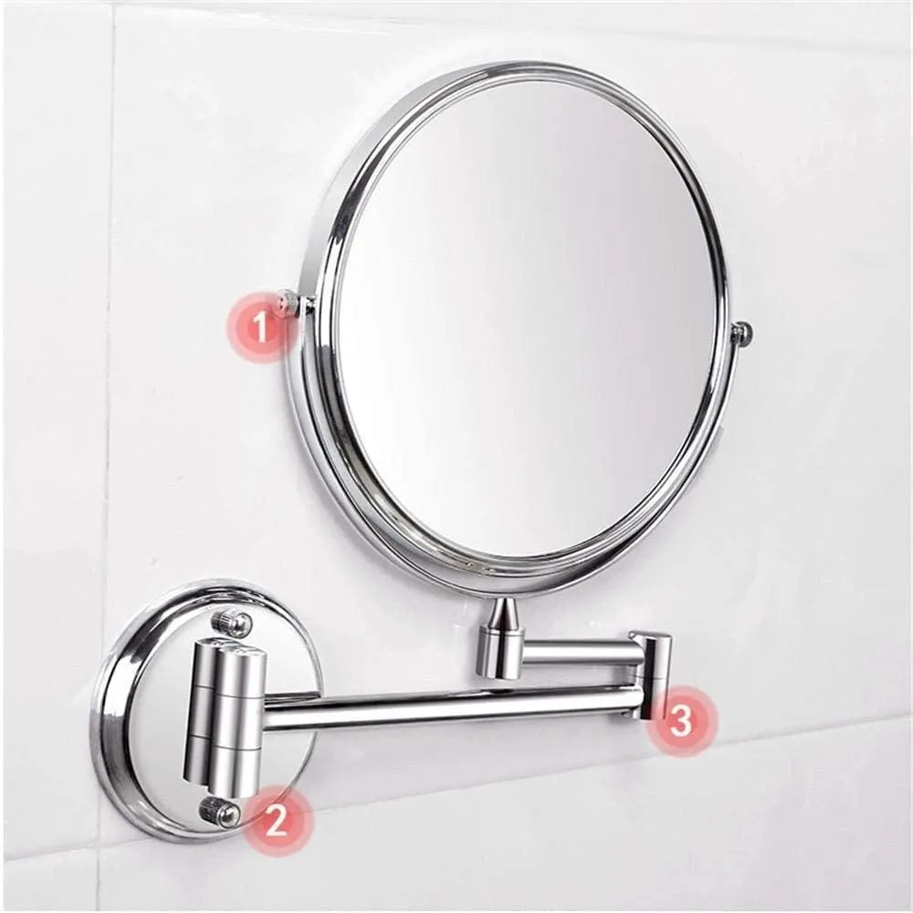 Wall-Mounted Cosmetic Mirror Hotel Bathroom Folding Telescopic Shaving Mirror 3 Times Magnification Double-Sided Mirror(8 inch Bright Silver)