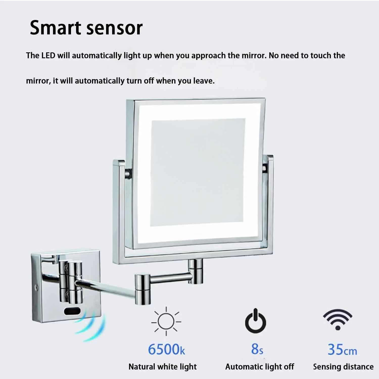 Wall Mounted Double-Sided 1X/10X Magnifying Lighted Makeup Vanity Mirror with Infrared Sensor Switch,360° Swivel Extendable Cosmetic Mirror Zirconium, Plug-in