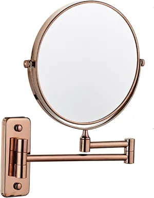 Wall Mounted Lighted Makeup Mirror 8Inch Double Sided Shaving Mirror with Magnifaction, 360 Swivel Extendable Arm Bathroom Vanity Mirrors(Rose Gold,3X)