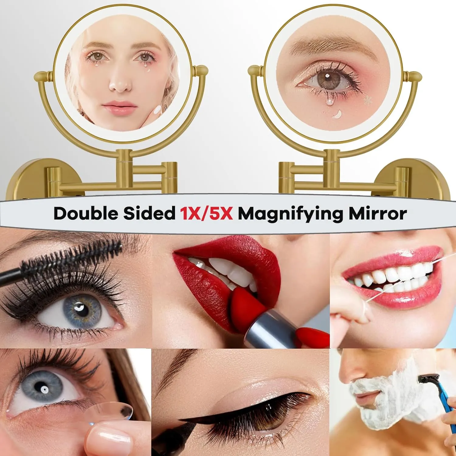Wall Mounted Lighted Makeup Mirror with Magnification 5X, Rechargeable Bathroom Magnifying Shaving Cosmetic Mirror with Extension Swing Arm, Touch Stepless Dimming, Brushed Moderne Brass