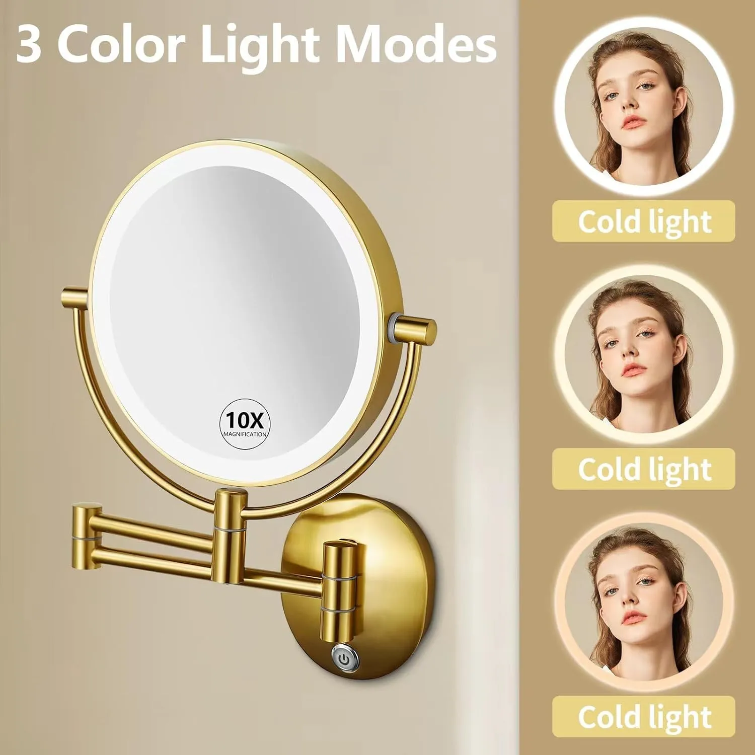 Wall Mounted Makeup Mirror with 10X Magnification, 8 Inch Double Sided Vanity Magnifying Vanity Mirror with Led Lights, USB Rechargeable, Touch Control ON/Off (Antique Brass)