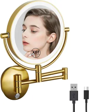 Wall Mounted Makeup Mirror with 10X Magnification, 8 Inch Double Sided Vanity Magnifying Vanity Mirror with Led Lights, USB Rechargeable, Touch Control ON/Off (Antique Brass)