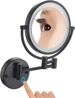 Wall Mounted Makeup Mirror with 360° Rotation, Dual-Sided LED Light Vanity Mirror, Extendable Shaving 3X/5X/7X Magnification, Anti-Fog, 8 Inch(Black,5X Magnification)