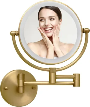 Wall Mounted Makeup Mirror with Lights, 1/10X Double Sided Rechargeable Led Wall Magnifying for Bathroom, 8” Lighted Mountable Vanity Arm Extendable Shaving Antique Brass