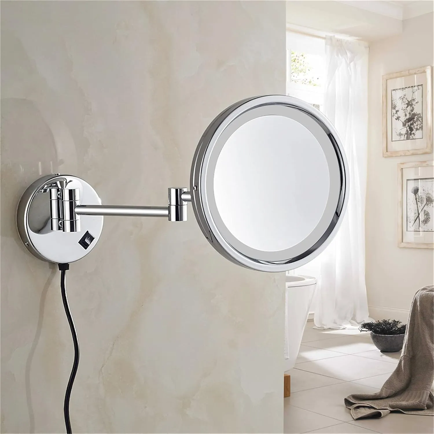 Wall Mounted Makeup Mirror with Magnification, 8 Inch Chrome Finish 360° Extendable LED Lighted Shaving Vanity Mirrors, Plug Powered,7X (Color : 3X)