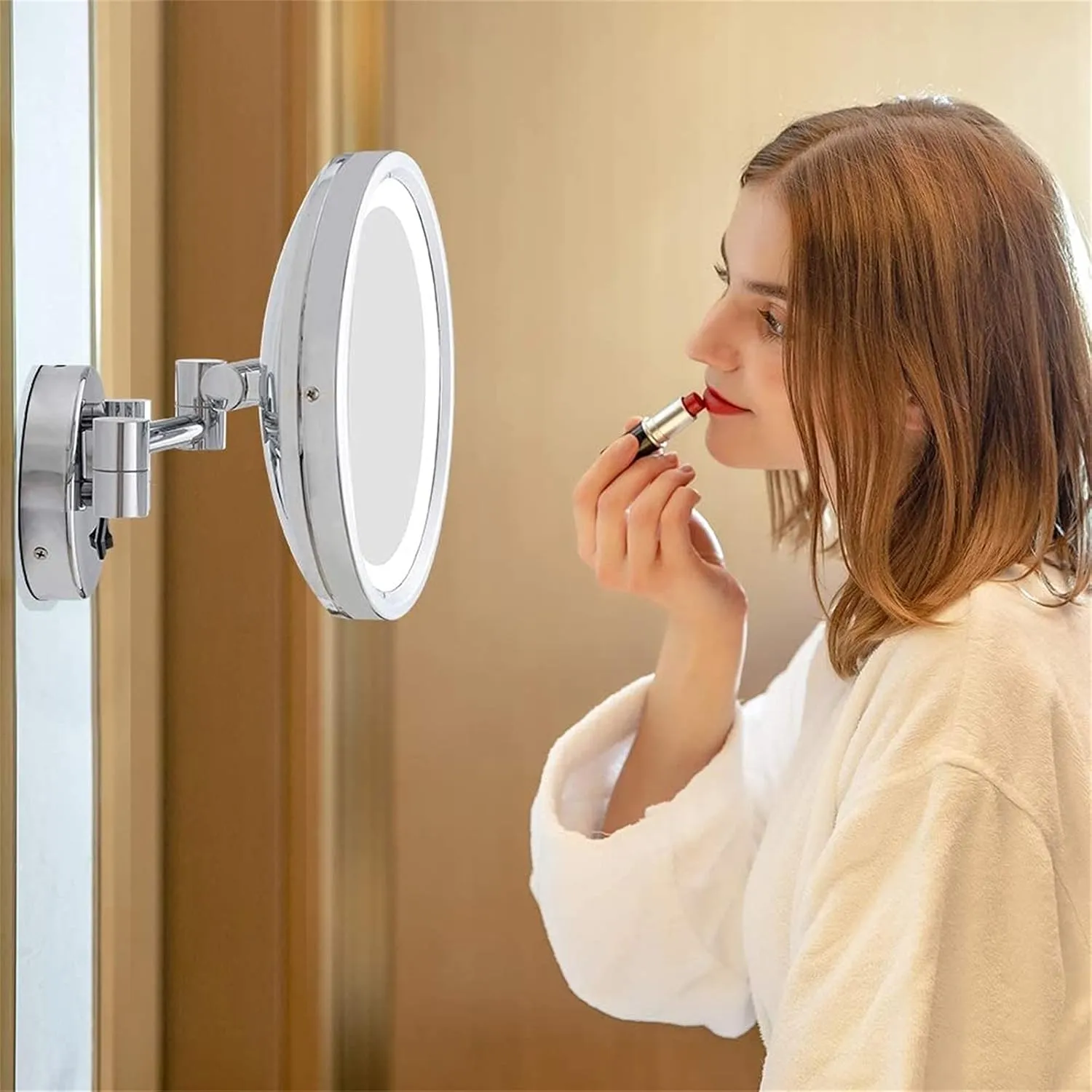 Wall Mounted Makeup Mirror with Magnification, 8 Inch Chrome Finish 360° Extendable LED Lighted Shaving Vanity Mirrors, Plug Powered,7X (Color : 3X)