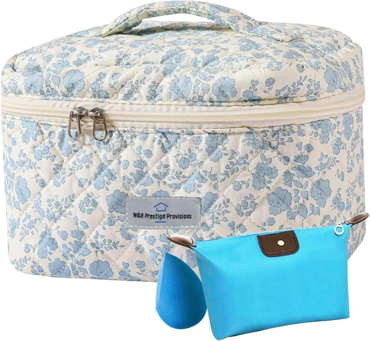 W&R Prestige Provisions W&R Large Makeup Bag -3 PCS- Quilted Cosmetic Bag Set for Travel with Mini Makeup Bag & Beauty Blender - Floral Coquette Toiletry Organizer for Women