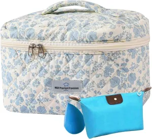 W&R Prestige Provisions W&R Large Makeup Bag -3 PCS- Quilted Cosmetic Bag Set for Travel with Mini Makeup Bag & Beauty Blender - Floral Coquette Toiletry Organizer for Women