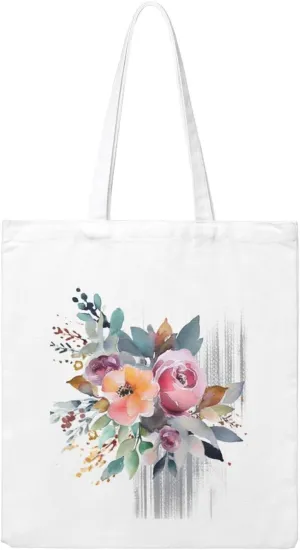 Watercolor Floral Corner Bouquet Large Canvas Tote Bag Cute Travel Shoulder Bag Reusable Washable Shopping Grocery Bags For Women Men