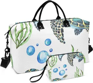 Watercolor Sea Turtles and Seaweed Travel Duffle Bag, Large Weekender Overnight Bags for Women Men Waterproof Carry on Shoulder Tote Bags for Hospital Maternity Mommy Gym with Toiletry Bag