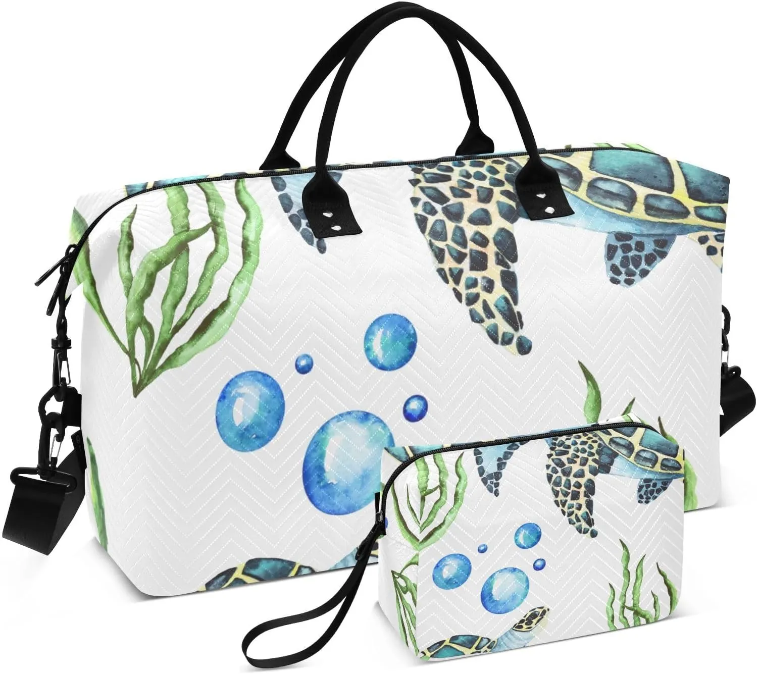 Watercolor Sea Turtles and Seaweed Travel Duffle Bag, Large Weekender Overnight Bags for Women Men Waterproof Carry on Shoulder Tote Bags for Hospital Maternity Mommy Gym with Toiletry Bag