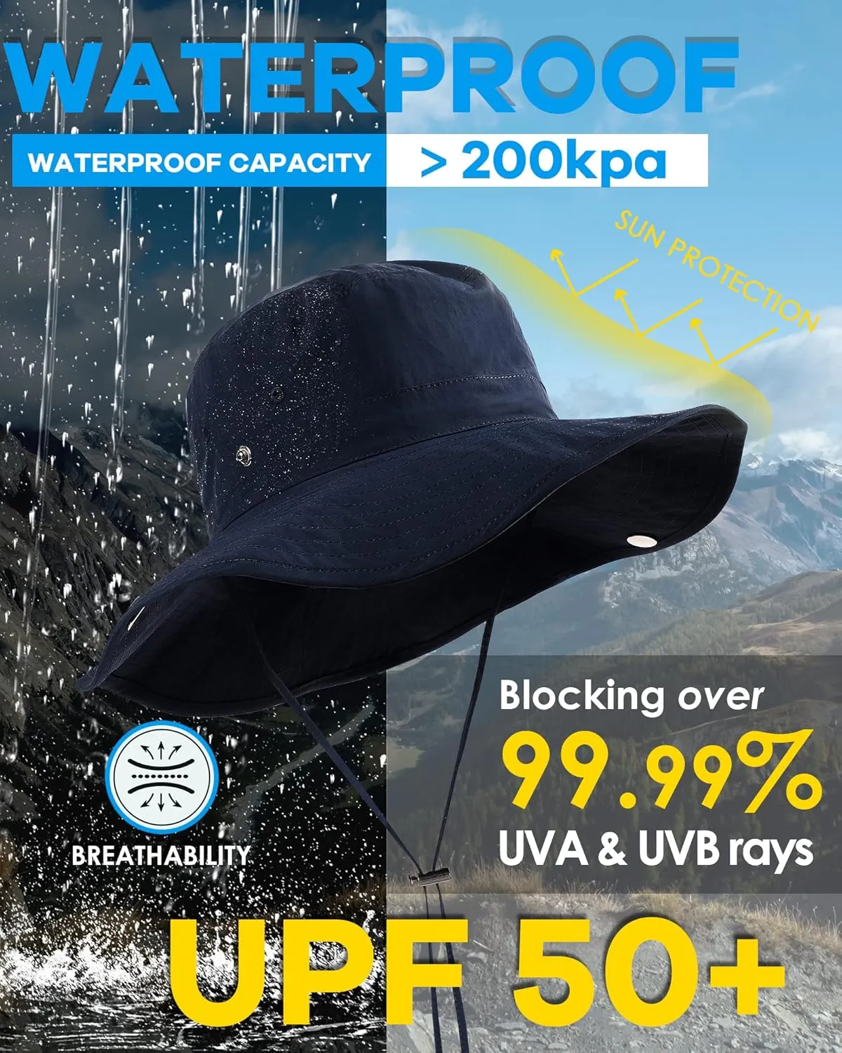 Waterproof Bucket Rain Hat for Women Wide Brim Summer UPF50  Cowboy Sun Hat Men Foldable Soft Floppy Beach Hat