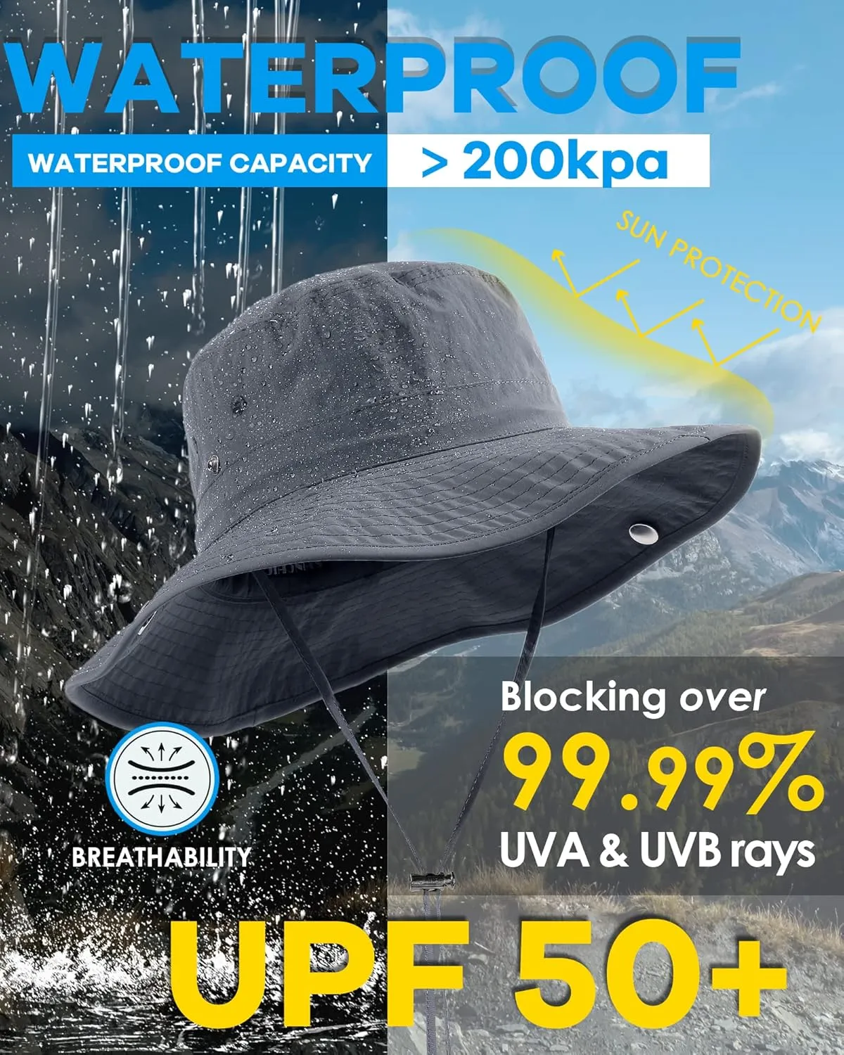 Waterproof Bucket Rain Hat for Women Wide Brim Summer UPF50  Cowboy Sun Hat Men Foldable Soft Floppy Beach Hat