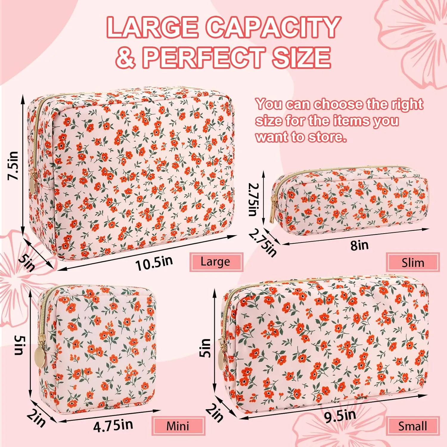 Waterproof Small Floral Makeup Bag Pouch for Purse,Nylon Flower Cosmetic Bag Preppy Travel Toiletry Storage Bag for Women Girl,Cute Makeup Organizer Bag Skincare Bag with Zipper(Small Pink-Flowers)