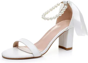 Wedding Shoes for Bride Pearl Heels White Bridal Sandals Leather Peep Toe 3 Inch Chunky Heel for Bride Prom Party Evening Casual