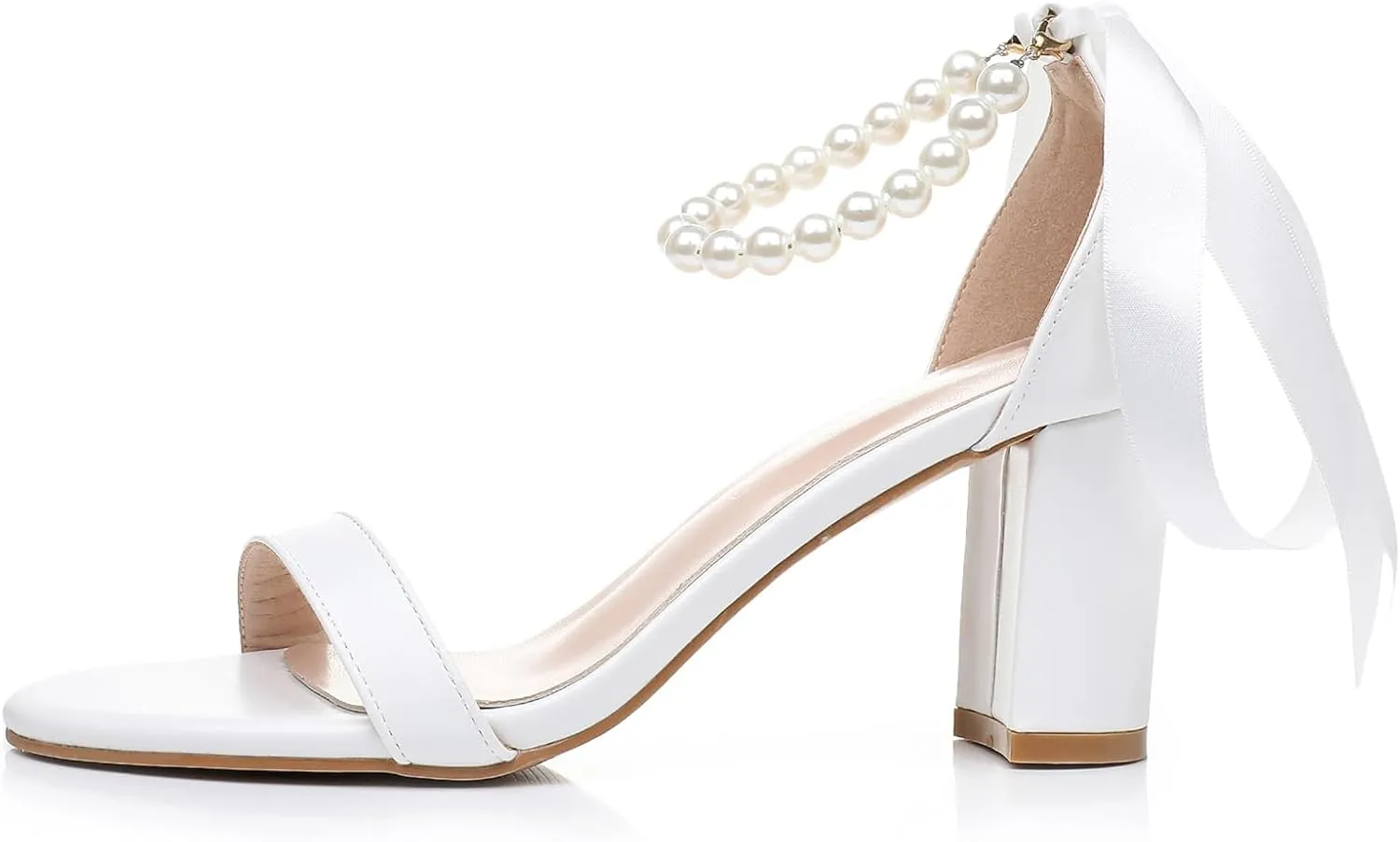 Wedding Shoes for Bride Pearl Heels White Bridal Sandals Leather Peep Toe 3 Inch Chunky Heel for Bride Prom Party Evening Casual